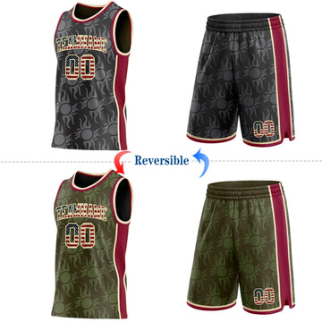 Uksn Individuelles Schwarz(Oliv) Vintage-US-Flagge Creme-Kastanienbraun Seitenstreifen Sonnenflamme Wendbar Doppelseitig Sublimation Basketball-Set Trikot