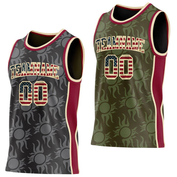 Uksn Individuelles Schwarz(Oliv) Vintage-US-Flagge Creme-Kastanienbraun Seitenstreifen Sonnenflamme Wendbar Doppelseitig Sublimation Basketball-Set Trikot