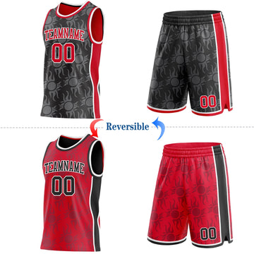 Uksn Individuelles Schwarz Rot-Weiß Seitenstreifen Sonnenflamme Wendbar Doppelseitig Sublimation Basketball-Set Trikot
