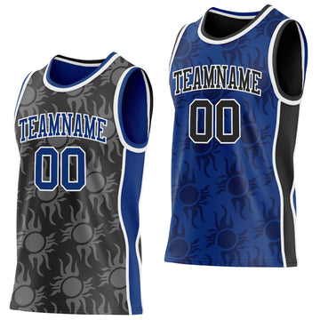Uksn Individuelles Schwarz Royalblau-Weiß Seitenstreifen Sonnenflamme Wendbar Doppelseitig Sublimation Basketball-Set Trikot