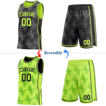 Uksn Individuelles Schwarz-Neongrün Seitenstreifen Sonnenflamme Wendbar Doppelseitig Sublimation Basketball-Set Trikot