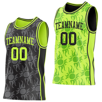 Uksn Individuelles Schwarz-Neongrün Seitenstreifen Sonnenflamme Wendbar Doppelseitig Sublimation Basketball-Set Trikot