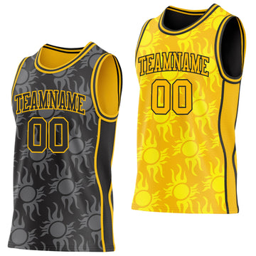 Uksn Individuelles Schwarz-Gold Seitenstreifen Sonnenflamme Wendbar Doppelseitig Sublimation Basketball-Set Trikot