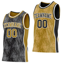 Laden Sie das Bild in den Galerie-Viewer, Uksn Individuelles Schwarz Altgold-Weiß Seitenstreifen Sonnenflamme Wendbar Doppelseitig Sublimation Basketball-Set Trikot
