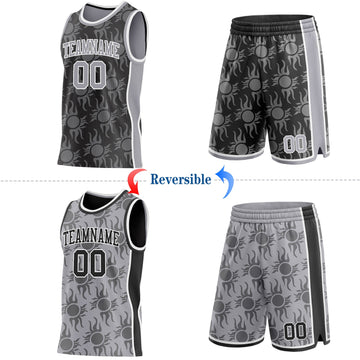 Uksn Individuelles Schwarz Grau-Weiß Seitenstreifen Sonnenflamme Wendbar Doppelseitig Sublimation Basketball-Set Trikot