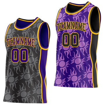 Uksn Individuelles Schwarz Violett-Gold Seitenstreifen Sonnenflamme Wendbar Doppelseitig Sublimation Basketball-Set Trikot