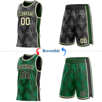 Uksn Individuelles Schwarz Creme-Grün Seitenstreifen Sonnenflamme Wendbar Doppelseitig Sublimation Basketball-Set Trikot