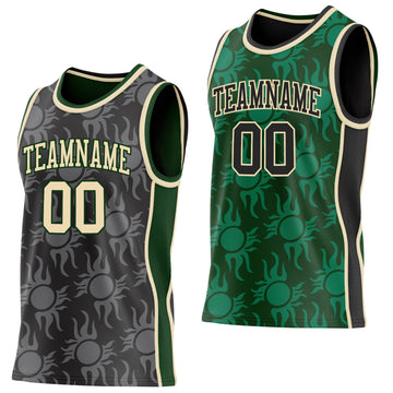 Uksn Individuelles Schwarz Creme-Grün Seitenstreifen Sonnenflamme Wendbar Doppelseitig Sublimation Basketball-Set Trikot
