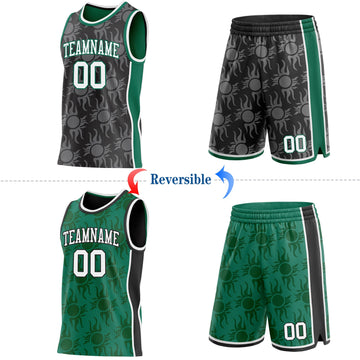 Uksn Individuelles Schwarz Weiß-Kelly-Grün Seitenstreifen Sonnenflamme Wendbar Doppelseitig Sublimation Basketball-Set Trikot