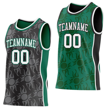 Uksn Individuelles Schwarz Weiß-Kelly-Grün Seitenstreifen Sonnenflamme Wendbar Doppelseitig Sublimation Basketball-Set Trikot