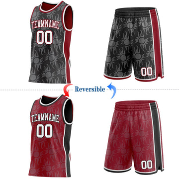 Uksn Individuelles Schwarz Weiß-Kastanienbraun Seitenstreifen Sonnenflamme Wendbar Doppelseitig Sublimation Basketball-Set Trikot