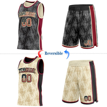 Uksn Individuelles Schwarz Vintage-US-Flagge Creme-Kastanienbraun Seitenstreifen Sonnenflamme Wendbar Doppelseitig Sublimation Basketball-Set Trikot