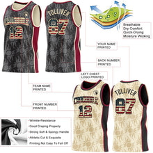Laden Sie das Bild in den Galerie-Viewer, Uksn Individuelles Schwarz Vintage-US-Flagge Creme-Kastanienbraun Seitenstreifen Sonnenflamme Wendbar Doppelseitig Sublimation Basketball-Set Trikot
