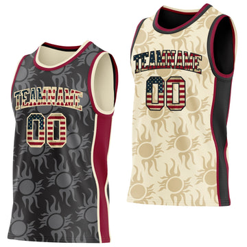 Uksn Individuelles Schwarz Vintage-US-Flagge Creme-Kastanienbraun Seitenstreifen Sonnenflamme Wendbar Doppelseitig Sublimation Basketball-Set Trikot