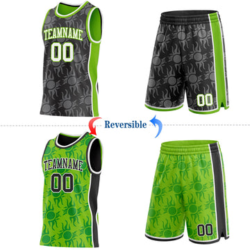 Uksn Individuelles Schwarz Weiß-Neongrün Seitenstreifen Sonnenflamme Wendbar Doppelseitig Sublimation Basketball-Set Trikot