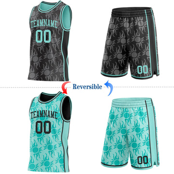 Uksn Individuelles Schwarz-Eisblau Seitenstreifen Sonnenflamme Wendbar Doppelseitig Sublimation Basketball-Set Trikot