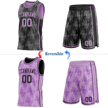 Uksn Individuelles Schwarz-Hellviolett Seitenstreifen Sonnenflamme Wendbar Doppelseitig Sublimation Basketball-Set Trikot