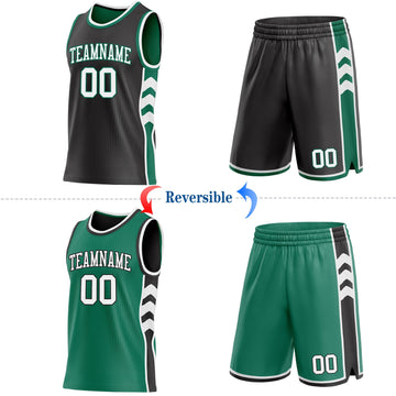 Uksn Individuelles Schwarz Weiß-Kelly-Grün Seitenpanel Geometrisch Chevron Wendbar Doppelseitig Sublimation Basketball-Set Trikot