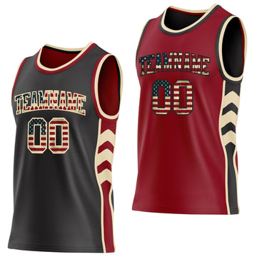 Uksn Individuelles Schwarz Vintage-US-Flagge Creme-Kastanienbraun Seitenpanel Geometrisch Chevron Wendbar Doppelseitig Sublimation Basketball-Set Trikot