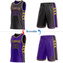 Laden Sie das Bild in den Galerie-Viewer, Uksn Individuelles Schwarz Violett-Altgold Seitenpanel Geometrisch Chevron Wendbar Doppelseitig Sublimation Basketball-Set Trikot
