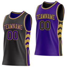 Laden Sie das Bild in den Galerie-Viewer, Uksn Individuelles Schwarz Violett-Altgold Seitenpanel Geometrisch Chevron Wendbar Doppelseitig Sublimation Basketball-Set Trikot
