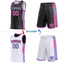 Laden Sie das Bild in den Galerie-Viewer, Uksn Individuelles Schwarz Pink-Hellblau Seitenpanel Geometrisch Chevron Wendbar Doppelseitig Sublimation Basketball-Set Trikot
