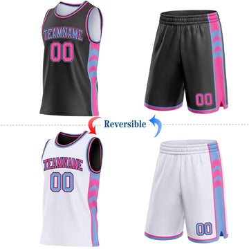 Uksn Individuelles Schwarz Pink-Hellblau Seitenpanel Geometrisch Chevron Wendbar Doppelseitig Sublimation Basketball-Set Trikot