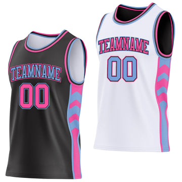 Uksn Individuelles Schwarz Pink-Hellblau Seitenpanel Geometrisch Chevron Wendbar Doppelseitig Sublimation Basketball-Set Trikot