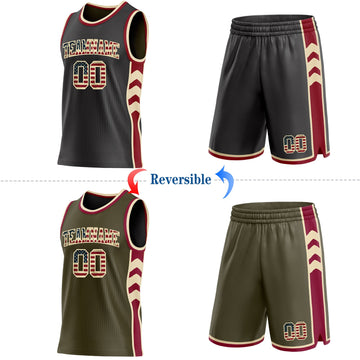 Uksn Individuelles Schwarz(Oliv) Vintage-US-Flagge Creme-Kastanienbraun Seitenpanel Geometrisch Chevron Wendbar Doppelseitig Sublimation Basketball-Set Trikot
