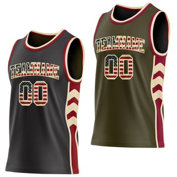 Uksn Individuelles Schwarz(Oliv) Vintage-US-Flagge Creme-Kastanienbraun Seitenpanel Geometrisch Chevron Wendbar Doppelseitig Sublimation Basketball-Set Trikot