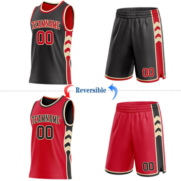 Uksn Individuelles Schwarz Rot-Creme Seitenpanel Geometrisch Chevron Wendbar Doppelseitig Sublimation Basketball-Set Trikot
