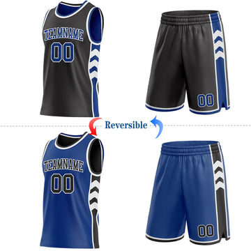 Uksn Individuelles Schwarz Royalblau-Weiß Seitenpanel Geometrisch Chevron Wendbar Doppelseitig Sublimation Basketball-Set Trikot