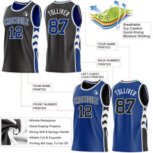 Laden Sie das Bild in den Galerie-Viewer, Uksn Individuelles Schwarz Royalblau-Weiß Seitenpanel Geometrisch Chevron Wendbar Doppelseitig Sublimation Basketball-Set Trikot
