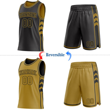 Uksn Individuelles Schwarz-Altgold Seitenpanel Geometrisch Chevron Wendbar Doppelseitig Sublimation Basketball-Set Trikot