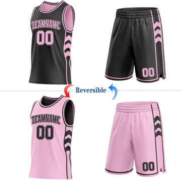 Uksn Individuelles Schwarz-Hellrosa Seitenpanel Geometrisch Chevron Wendbar Doppelseitig Sublimation Basketball-Set Trikot