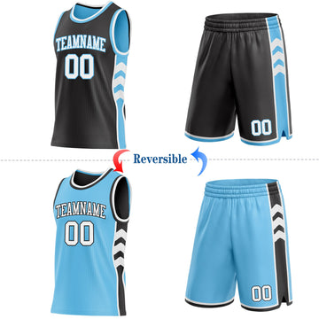 Uksn Individuelles Schwarz Weiß-Himmelblau Seitenpanel Geometrisch Chevron Wendbar Doppelseitig Sublimation Basketball-Set Trikot