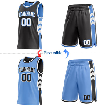 Uksn Individuelles Schwarz Weiß-Hellblau Seitenpanel Geometrisch Chevron Wendbar Doppelseitig Sublimation Basketball-Set Trikot