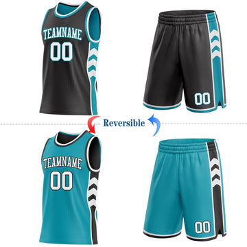 Uksn Individuelles Schwarz Weiß-Petrol Seitenpanel Geometrisch Chevron Wendbar Doppelseitig Sublimation Basketball-Set Trikot