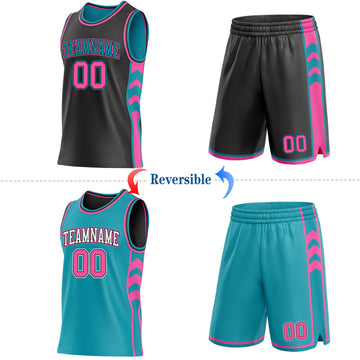 Uksn Individuelles Schwarz Pink-Petrol Seitenpanel Geometrisch Chevron Wendbar Doppelseitig Sublimation Basketball-Set Trikot