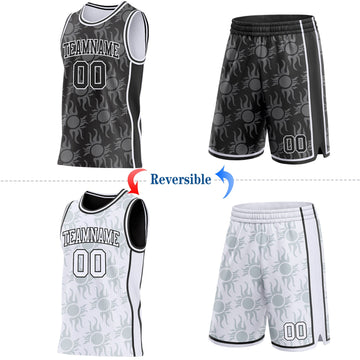 Uksn Individuelles Schwarz-Weiß Seitenstreifen Sonnenflamme Wendbar Doppelseitig Sublimation Basketball-Set Trikot