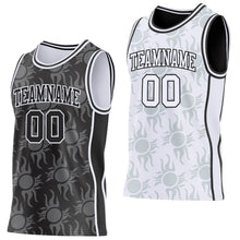 Laden Sie das Bild in den Galerie-Viewer, Uksn Individuelles Schwarz-Weiß Seitenstreifen Sonnenflamme Wendbar Doppelseitig Sublimation Basketball-Set Trikot
