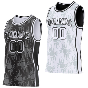 Uksn Individuelles Schwarz-Weiß Seitenstreifen Sonnenflamme Wendbar Doppelseitig Sublimation Basketball-Set Trikot