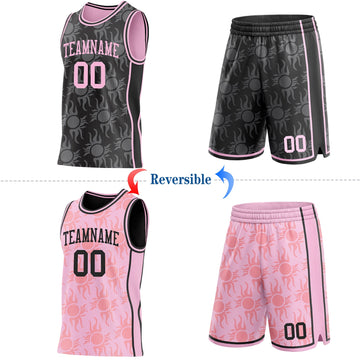 Uksn Individuelles Schwarz-Hellrosa Seitenstreifen Sonnenflamme Wendbar Doppelseitig Sublimation Basketball-Set Trikot