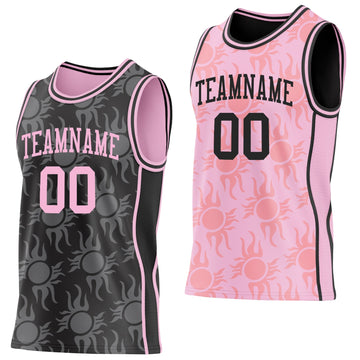 Uksn Individuelles Schwarz-Hellrosa Seitenstreifen Sonnenflamme Wendbar Doppelseitig Sublimation Basketball-Set Trikot