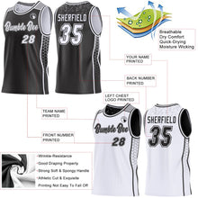 Laden Sie das Bild in den Galerie-Viewer, Uksn Individuelles Schwarz Weiß-Grau Seitenstreifen Geometrisch Dreieck Verlaufspunkt Wendbar Doppelseitig Sublimation Basketball-Set Trikot
