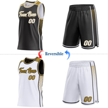 Uksn Individuelles Schwarz Weiß-Altgold Seitenstreifen Geometrisch Dreieck Verlaufspunkt Wendbar Doppelseitig Sublimation Basketball-Set Trikot