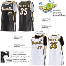Laden Sie das Bild in den Galerie-Viewer, Uksn Individuelles Schwarz Weiß-Altgold Seitenstreifen Geometrisch Dreieck Verlaufspunkt Wendbar Doppelseitig Sublimation Basketball-Set Trikot
