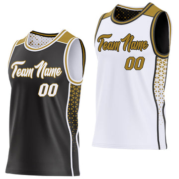 Uksn Individuelles Schwarz Weiß-Altgold Seitenstreifen Geometrisch Dreieck Verlaufspunkt Wendbar Doppelseitig Sublimation Basketball-Set Trikot