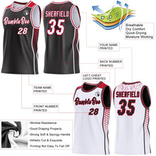 Laden Sie das Bild in den Galerie-Viewer, Uksn Individuelles Schwarz Weiß-Rot Seitenstreifen Geometrisch Dreieck Verlaufspunkt Wendbar Doppelseitig Sublimation Basketball-Set Trikot
