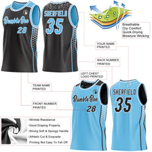 Laden Sie das Bild in den Galerie-Viewer, Uksn Individuelles Schwarz Himmelblau-Weiß Seitenstreifen Geometrisch Dreieck Verlaufspunkt Wendbar Doppelseitig Sublimation Basketball-Set Trikot
